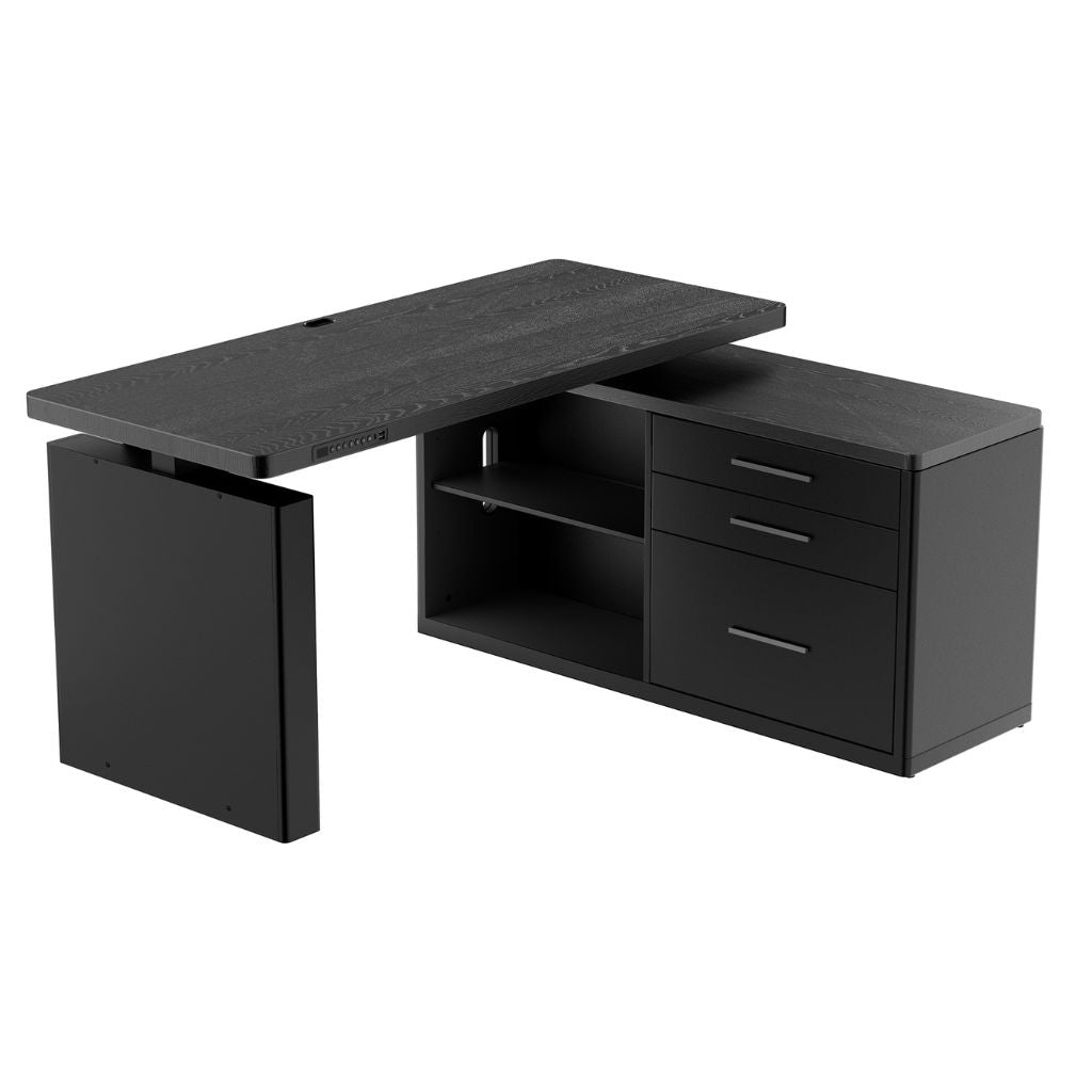 Black L-shaped desk with drawers on a white background