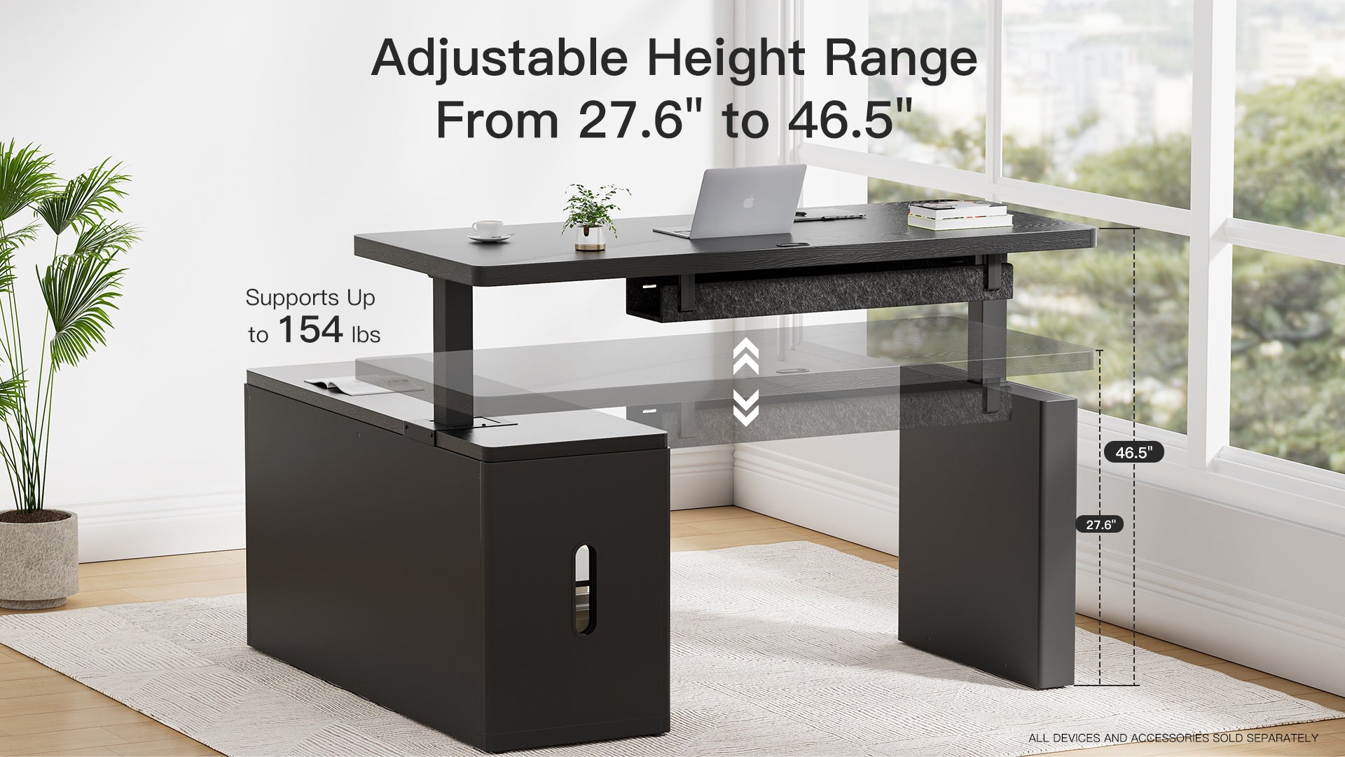 Black adjustable height desk with specifications displayed in a room with a window.