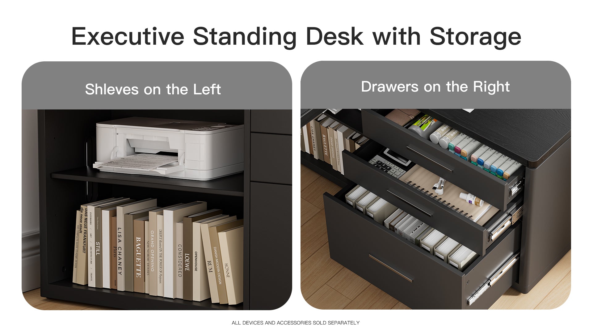Executive standing desk with storage shelves and drawers on a white background