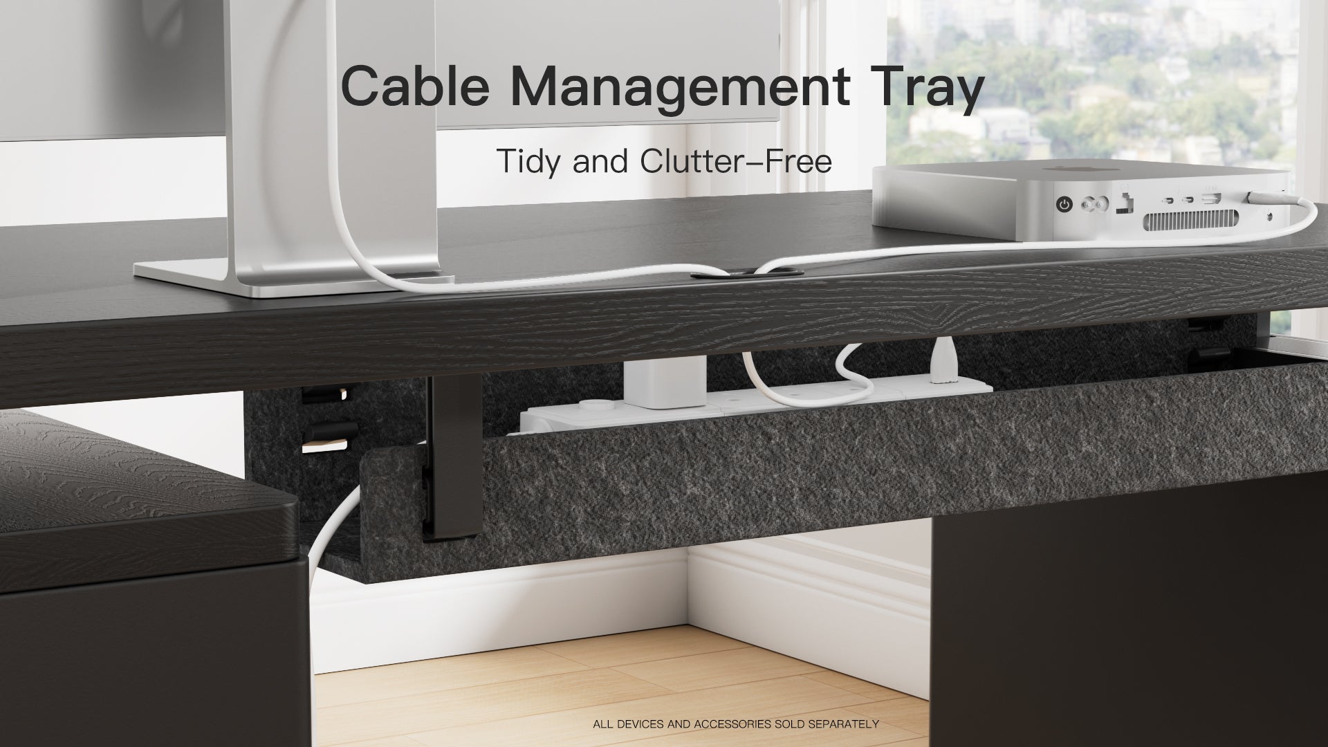 Cable management tray on a desk with text indicating tidiness and clutter-free solution.