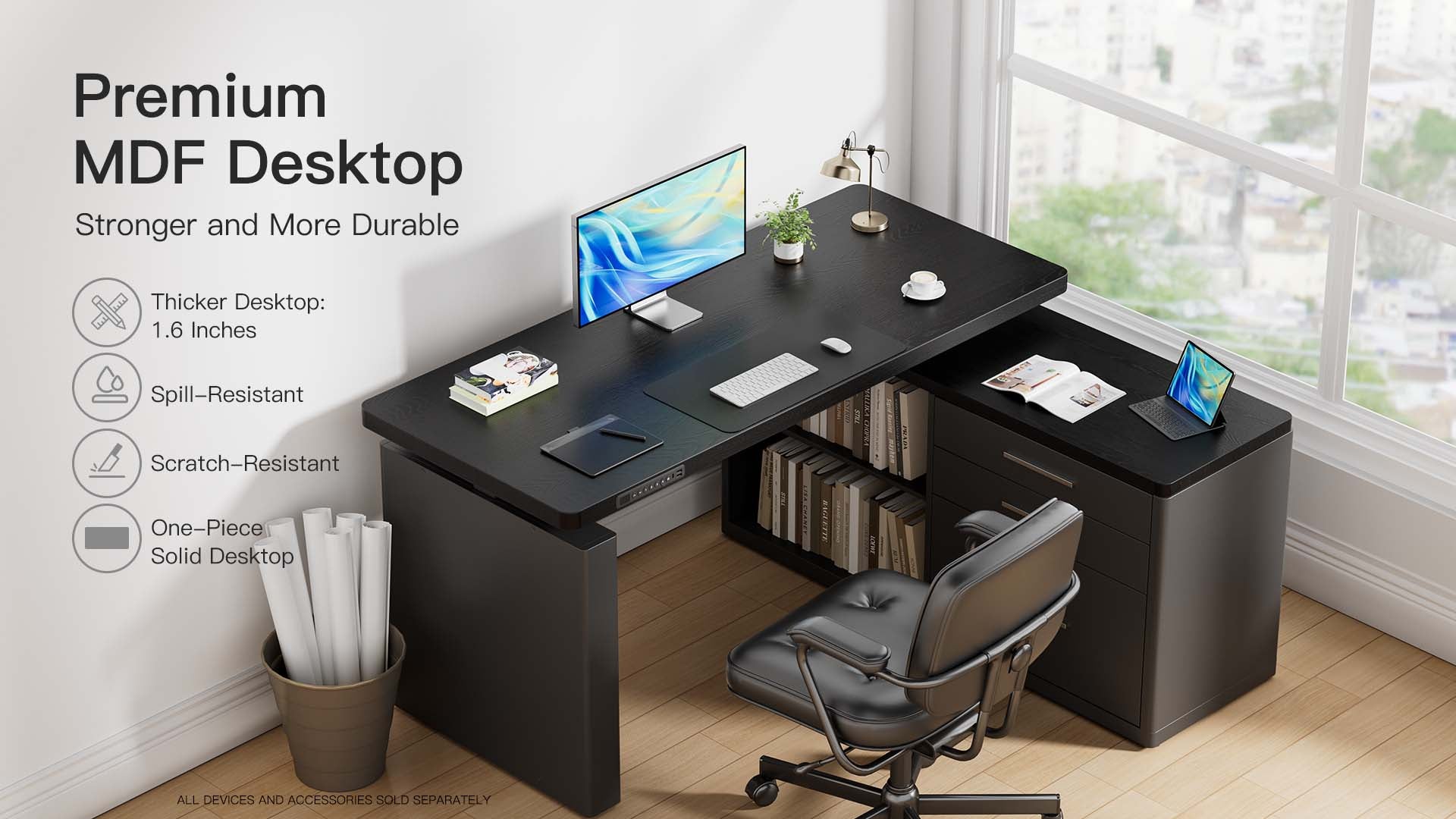 Modern office desk with computer setup in a bright room, featuring premium MDF desktop.