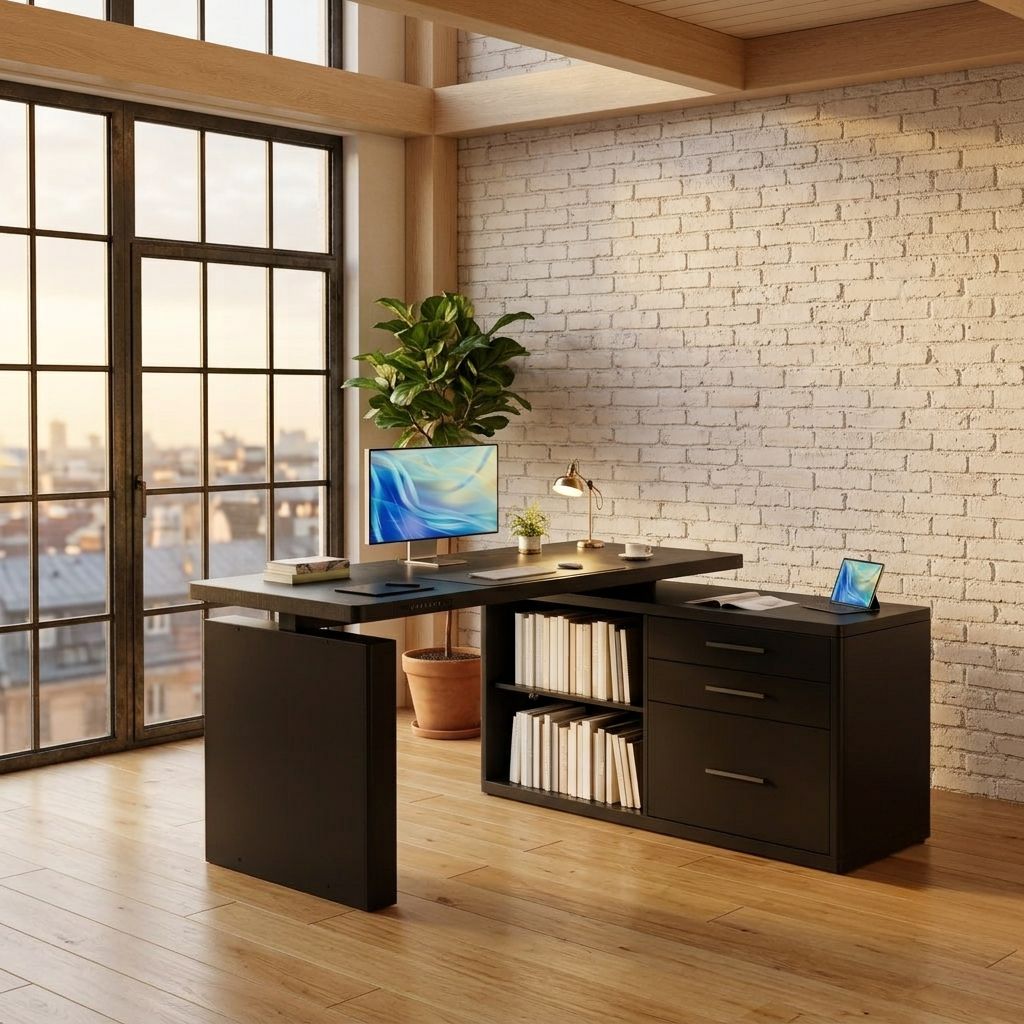 Modern office desk with computer setup in a room with large windows and brick wall.