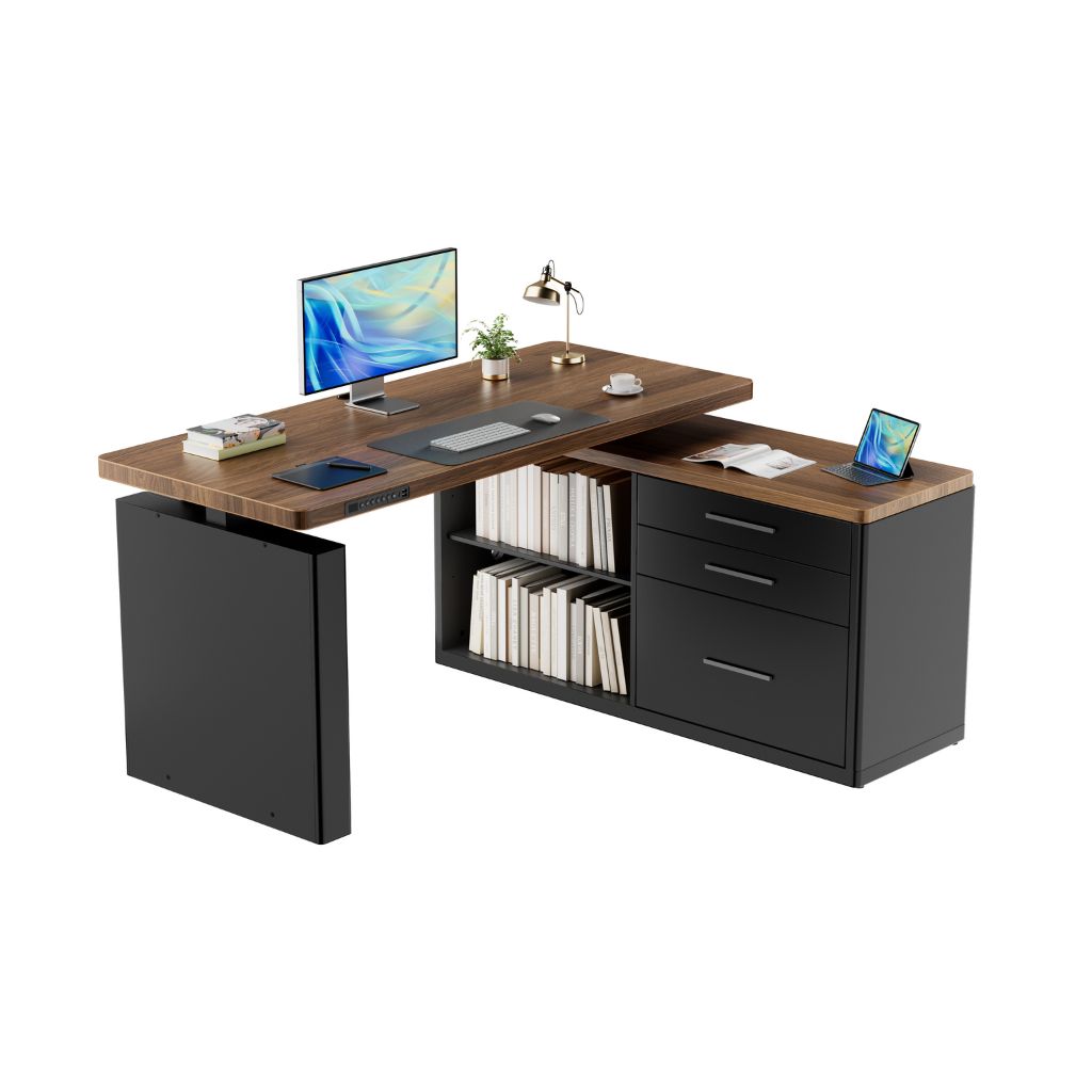 Black L-shaped desk with office items on a white background