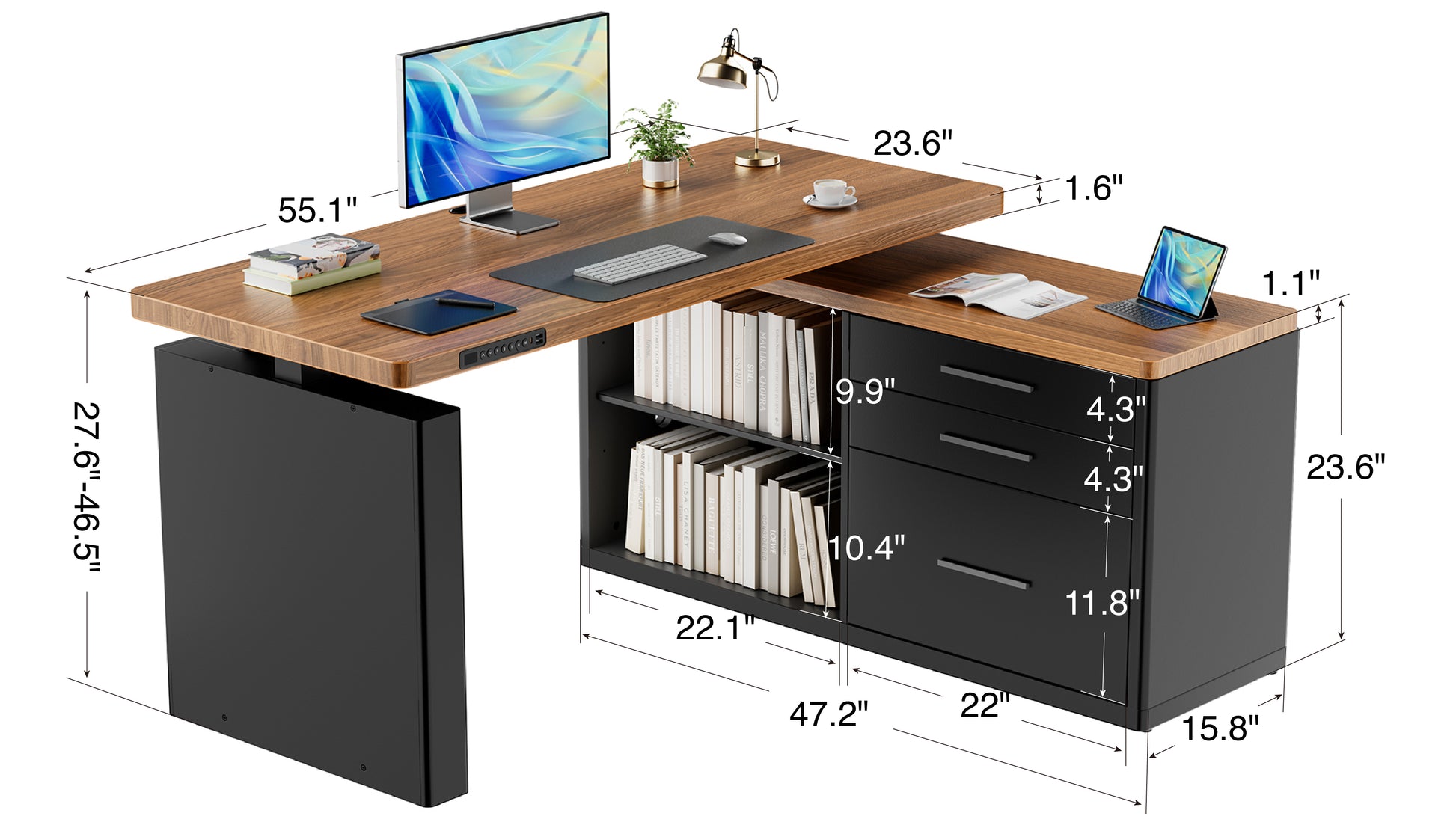 Dimensions of a L-shaped desk with office items on a white background