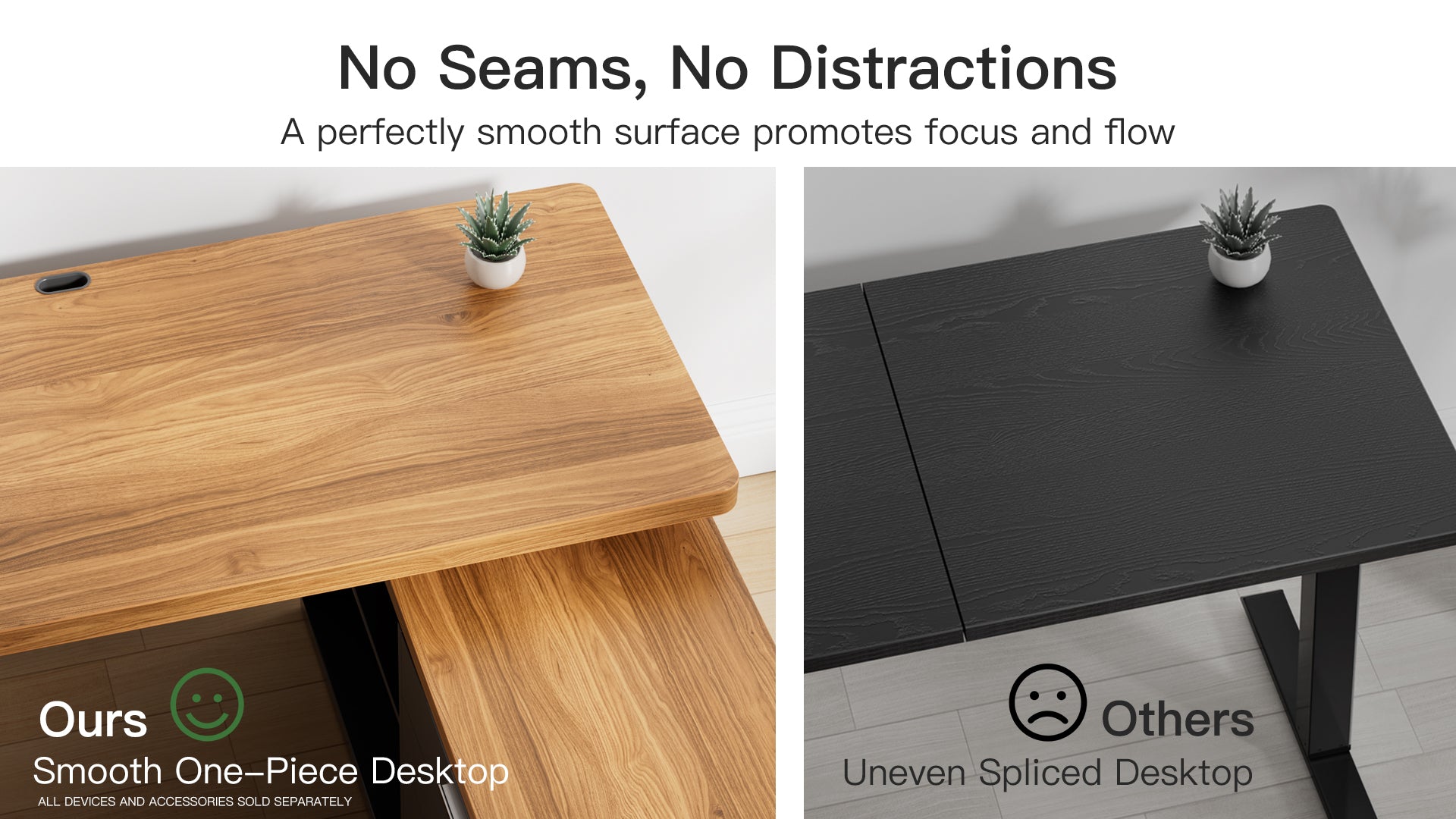 Two desks, one with a smooth one-piece wooden surface and the other with an uneven spliced surface, with text highlighting the benefits of the smooth surface.