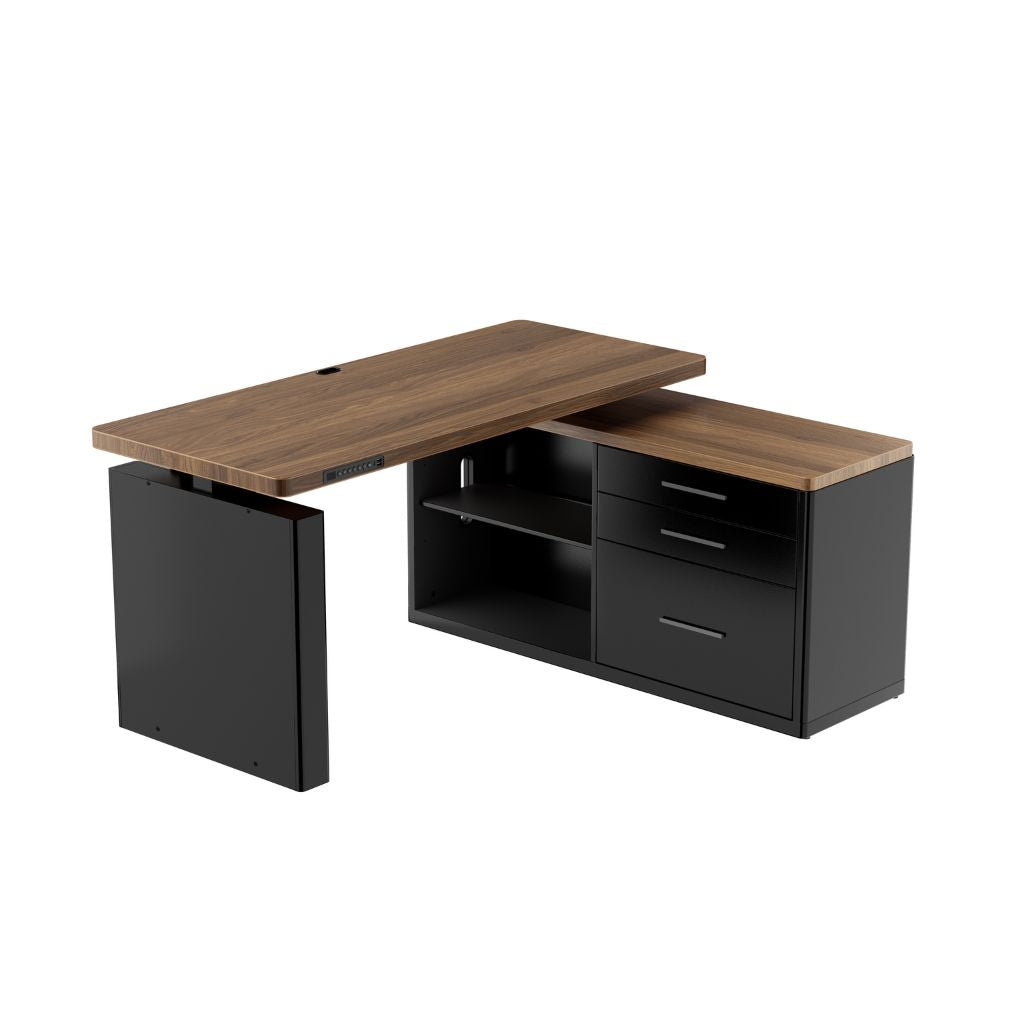 L-shaped desk with wooden top and black metal legs on a white background