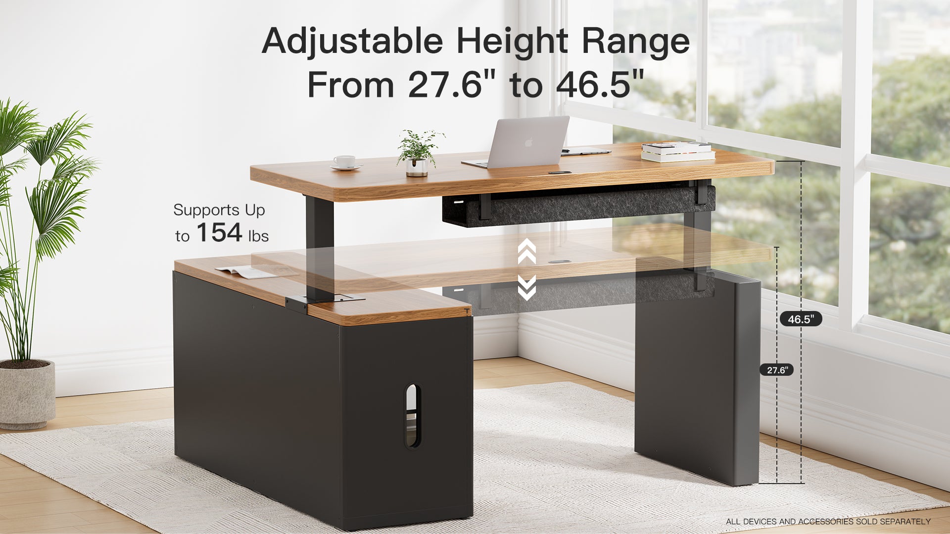 Adjustable height desk with specifications displayed in a room with plants and a window.