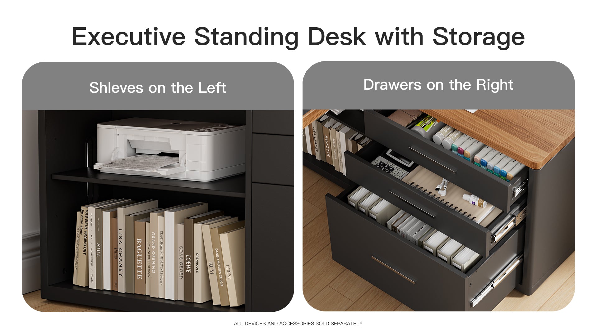 Executive standing desk with storage shelves and drawers on a white background