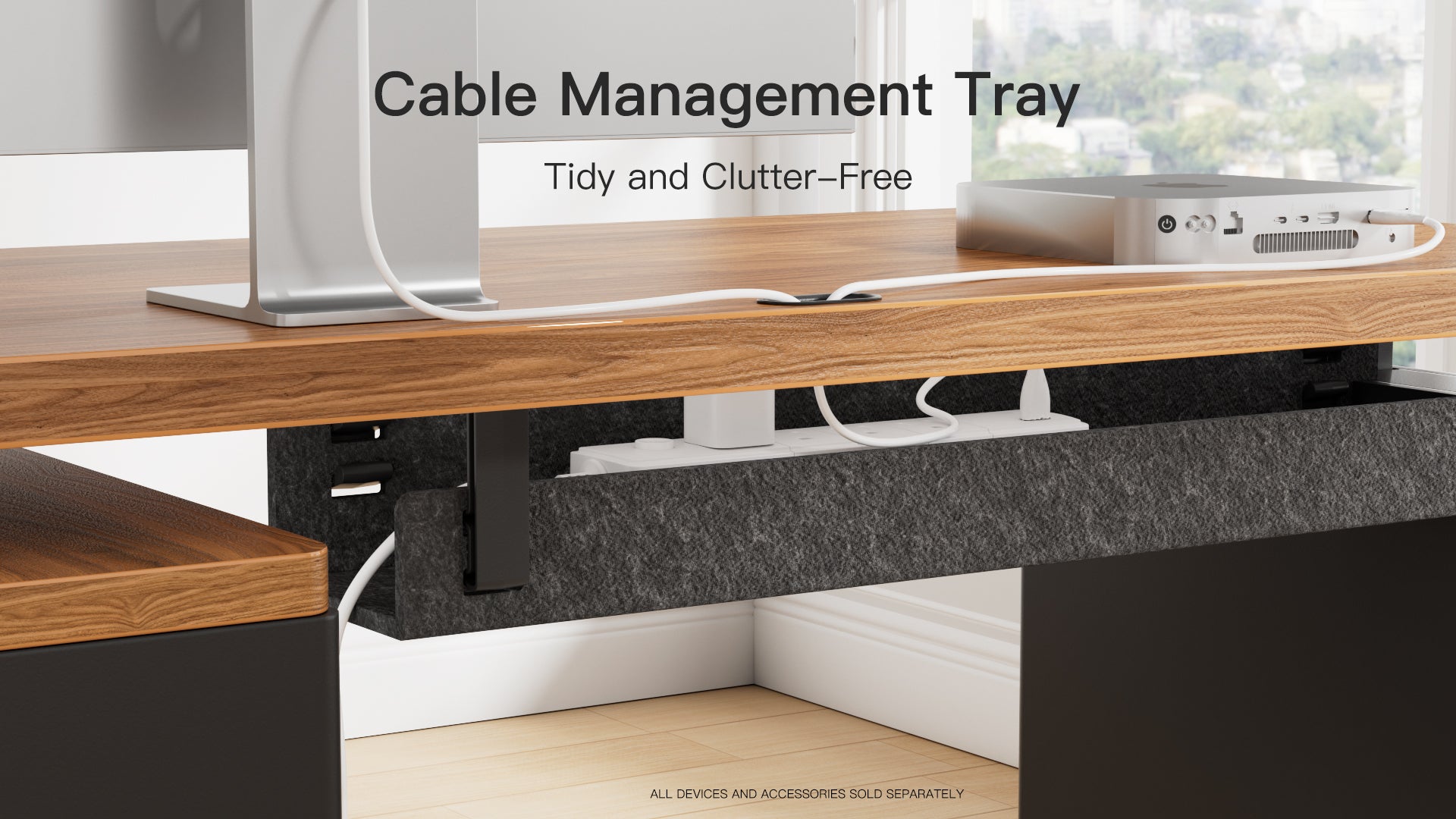 Cable management tray under a desk with text indicating tidiness.