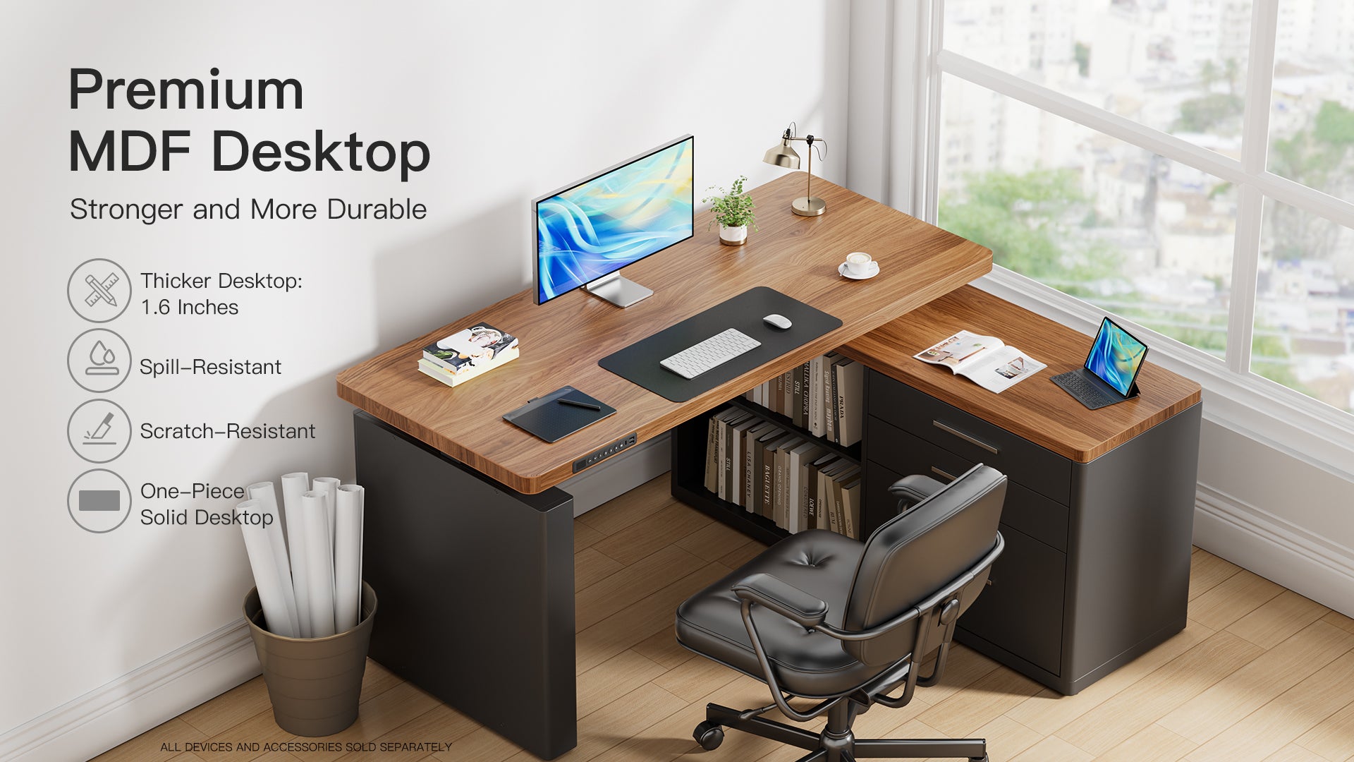 Modern L-shaped desk with office furniture and decor in a bright room.