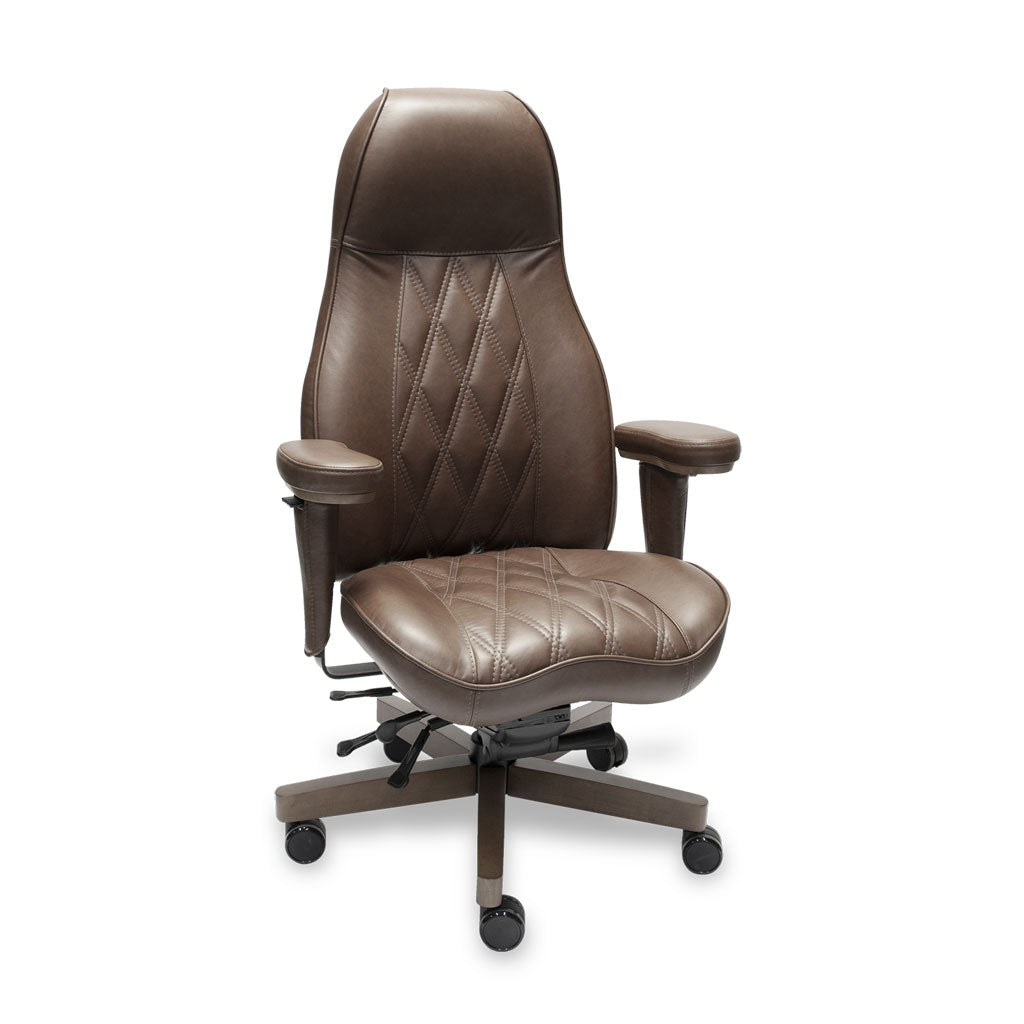 Brown office chair with quilted design on a white background