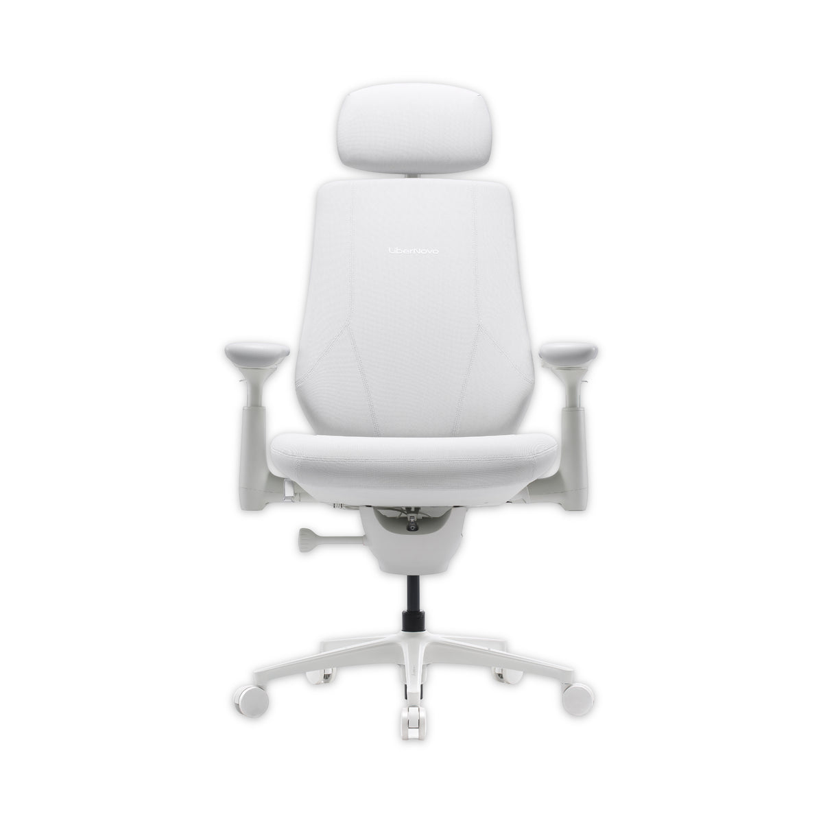 A white ergonomic office chair with a headrest, padded armrests, and a five-wheel base, shown against a plain white background.