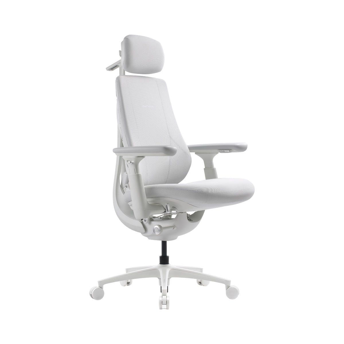 A modern white ergonomic office chair with a headrest, adjustable armrests, and a five-wheel base, shown against a plain white background.