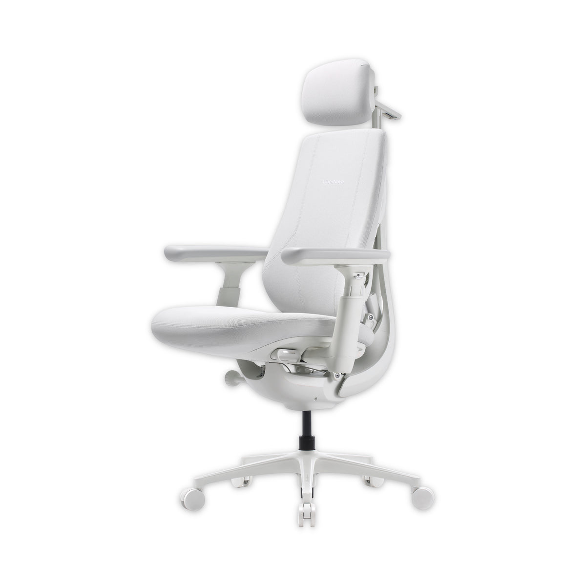 A modern white ergonomic office chair with a headrest, adjustable armrests, and a five-star wheeled base, shown against a plain white background.