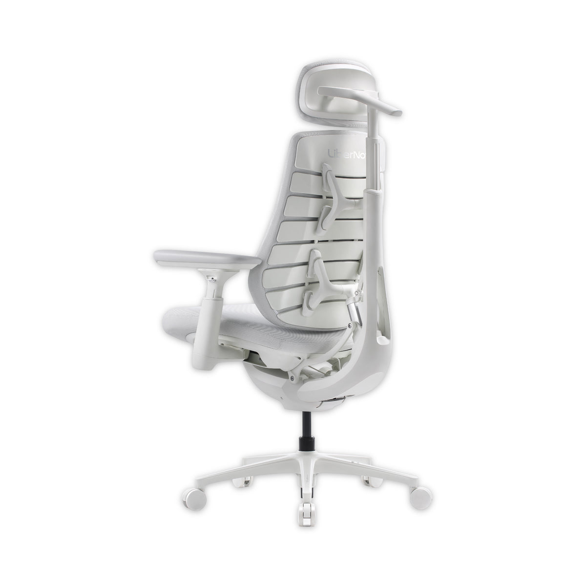 A white ergonomic office chair with a segmented backrest, adjustable armrests, a headrest support, and a five-wheel base, shown against a plain white background.