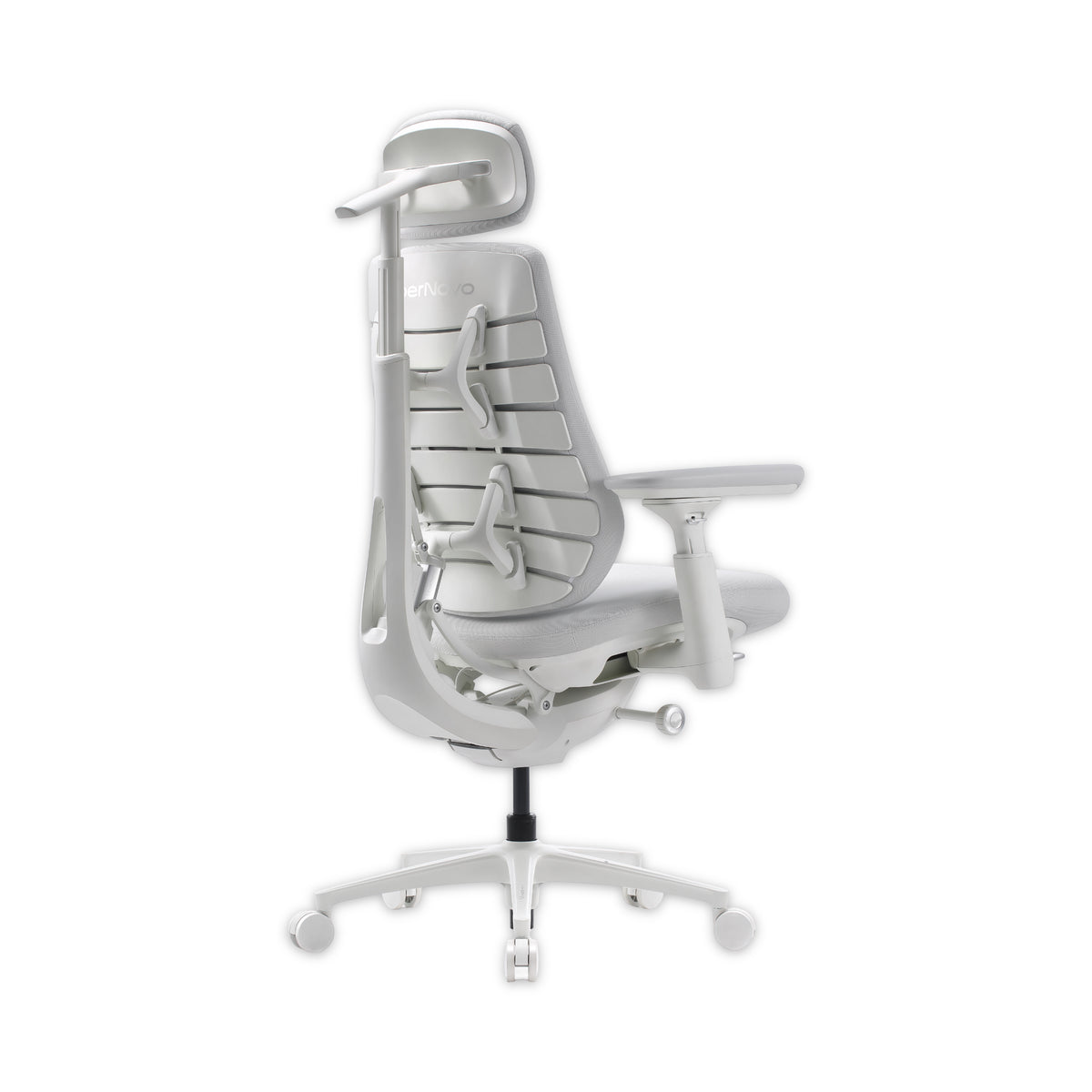 A modern white ergonomic office chair with a headrest, adjustable armrests, and a five-star wheeled base, shown from a side profile view on a white background.