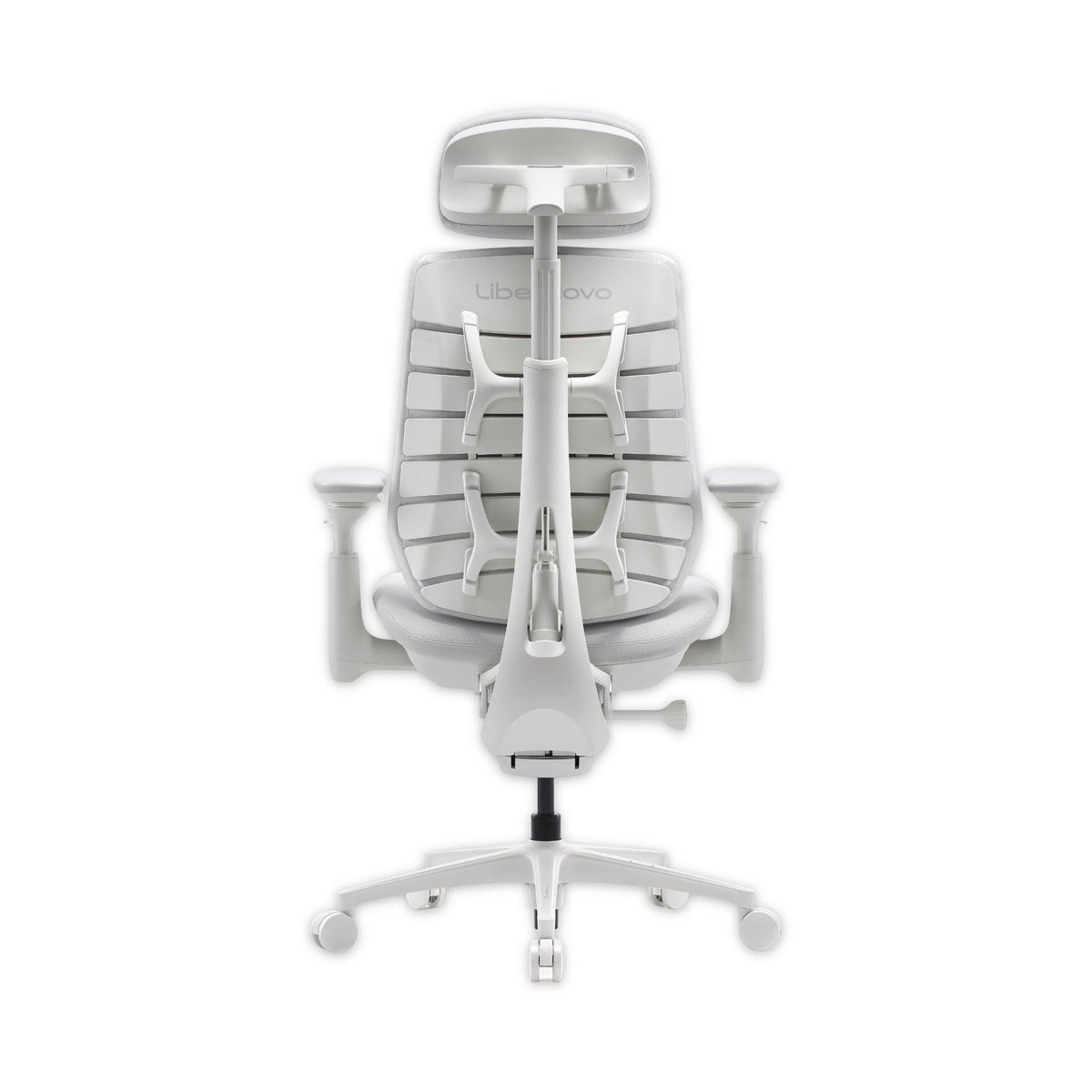 A Lenovo office chair with a white mesh back, adjustable armrests, and a five-star wheeled base, shown from a front-facing perspective on a solid white background.