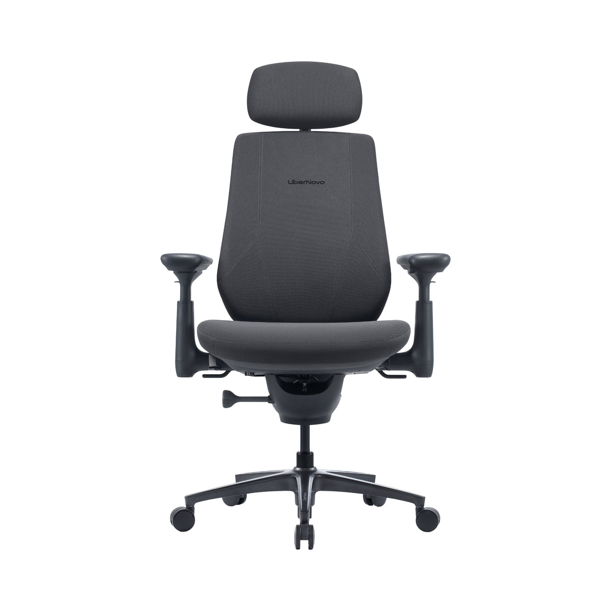 A dark gray ergonomic office chair with a mesh back, adjustable armrests, and a five-star wheeled base, shown against a plain white background.