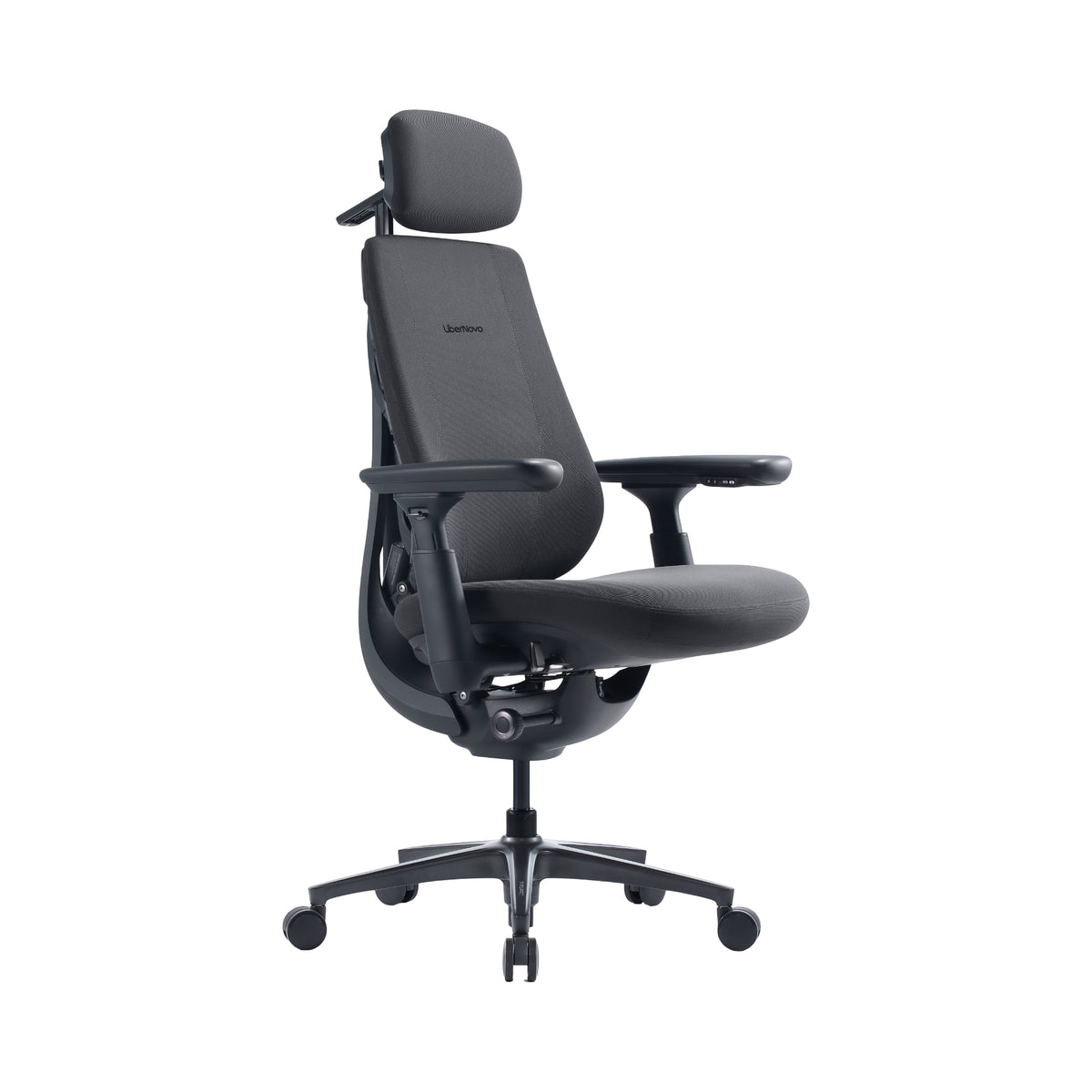 A modern ergonomic office chair in dark gray fabric with a headrest, adjustable armrests, and a five-star wheeled base, shown against a plain white background.