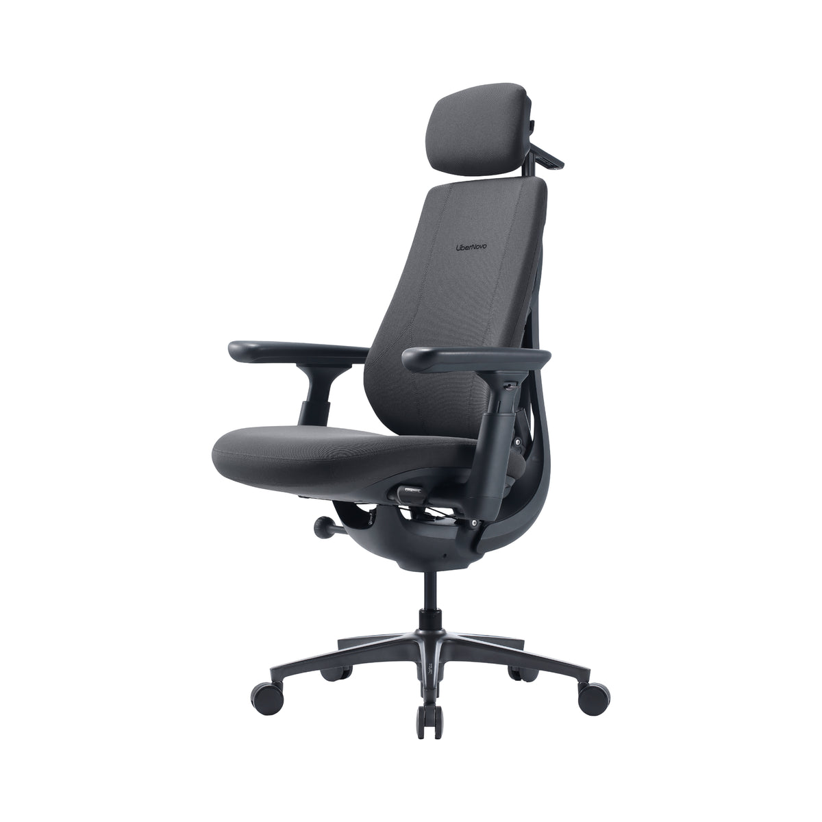 A modern ergonomic office chair with a black mesh backrest, adjustable armrests, a headrest pillow, and a five-star wheeled base, shown against a plain white background.