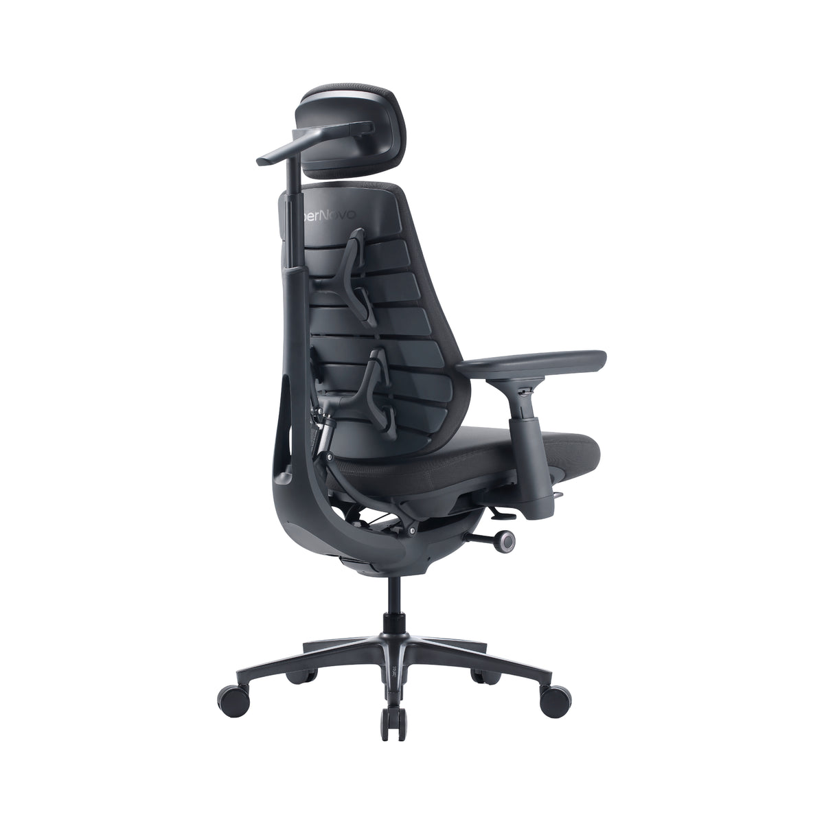 A black ergonomic office chair with a headrest, adjustable armrests, and a five-wheel base, shown from a side profile on a white background.