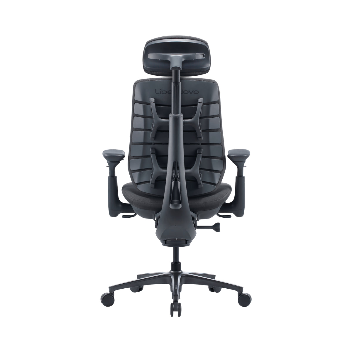 A black ergonomic office chair with a headrest, segmented backrest, adjustable armrests, and a five-wheel base, shown from the front on a white background.
