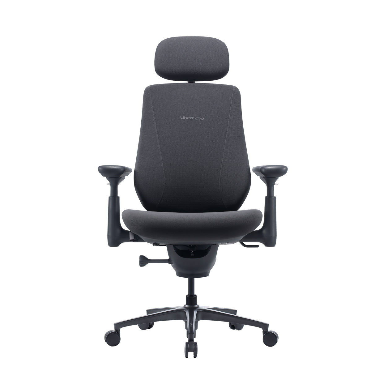 A black ergonomic office chair with a headrest, adjustable armrests, and a five-wheel base, shown from the front on a white background. The Lumify logo is visible on the backrest.