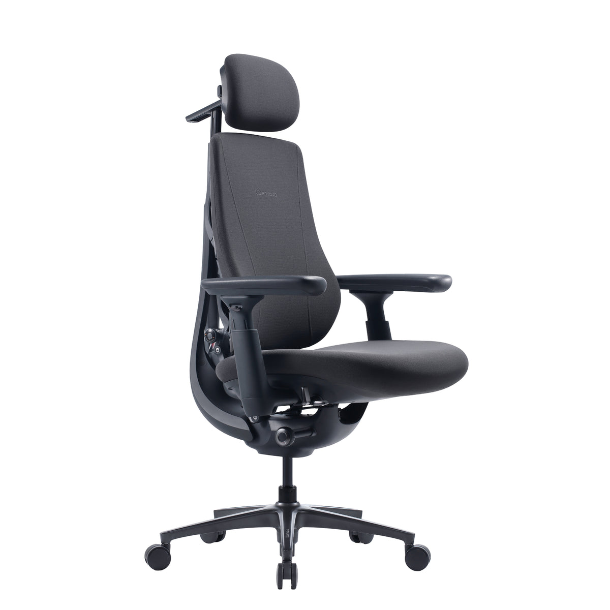 A black ergonomic office chair with a high back, adjustable armrests, a headrest, and a five-wheel base, shown against a plain white background.