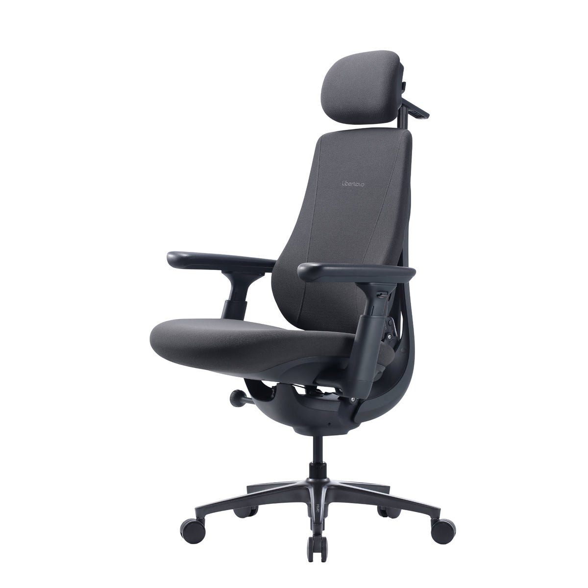 A high-back ergonomic office chair with a headrest, adjustable armrests, and a five-wheel base, upholstered in dark gray fabric.