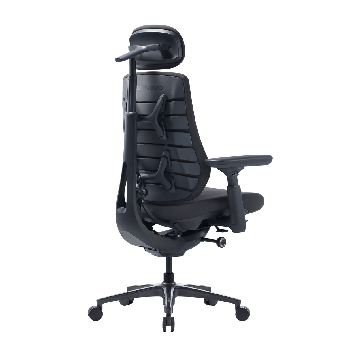 A black ergonomic office chair with a headrest, adjustable armrests, and a five-wheel base, shown from a three-quarter angle on a white background.