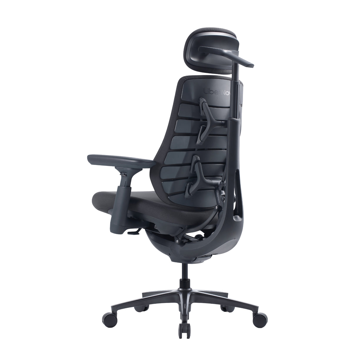 A black ergonomic office chair with a headrest, adjustable armrests, and a five-star wheeled base, shown against a plain white background.