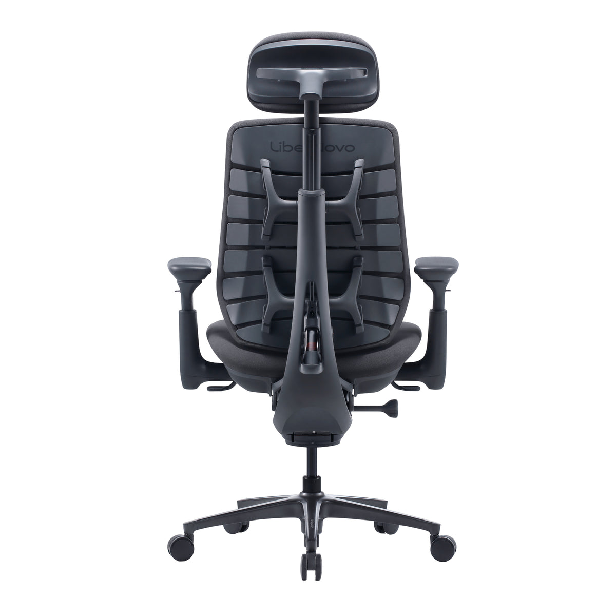 A Lenovo Libre ergonomic office chair with a black mesh back, adjustable armrests, a headrest, and a five-star wheeled base, shown from a front-facing perspective on a white background.