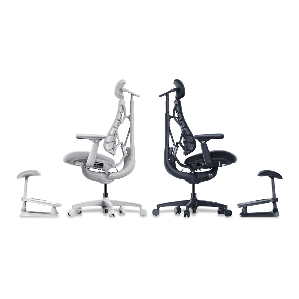 Two office chairs, one white and one black, on a white background