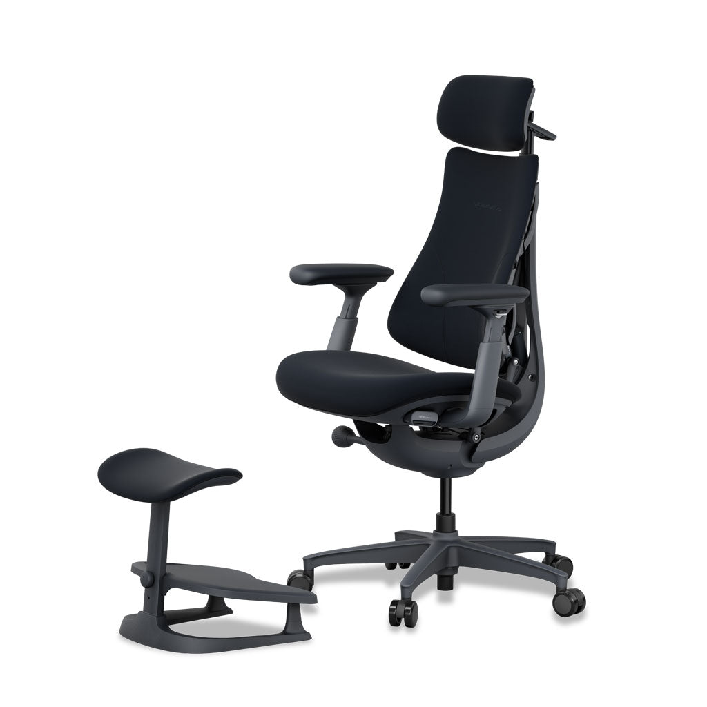 Ergonomic office chair with height-adjustable armrests and footrest on a white background