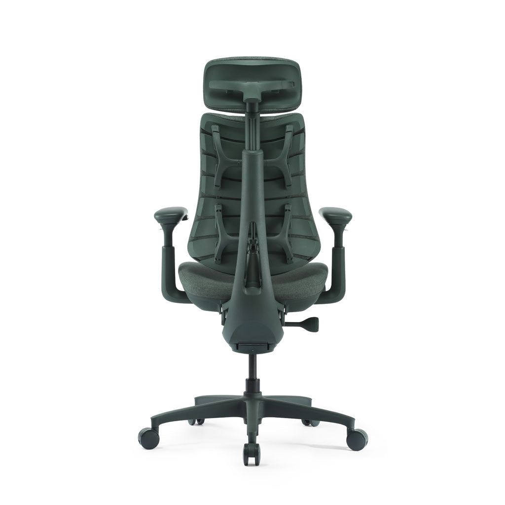 Green office chair with adjustable features on a white background