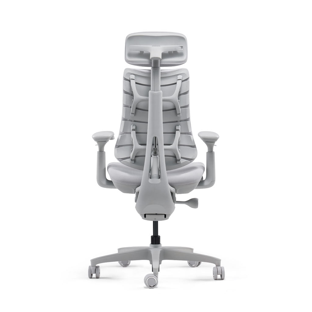 Gray office chair with adjustable features on a white background
