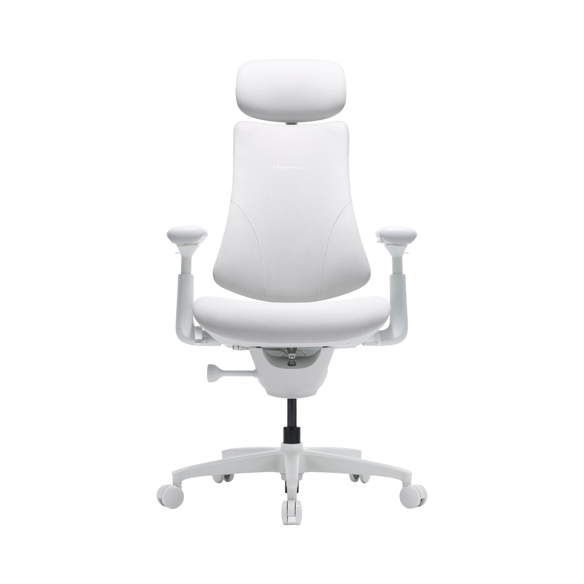 A white ergonomic office chair with a headrest, adjustable armrests, and a five-wheel base, shown against a plain white background.