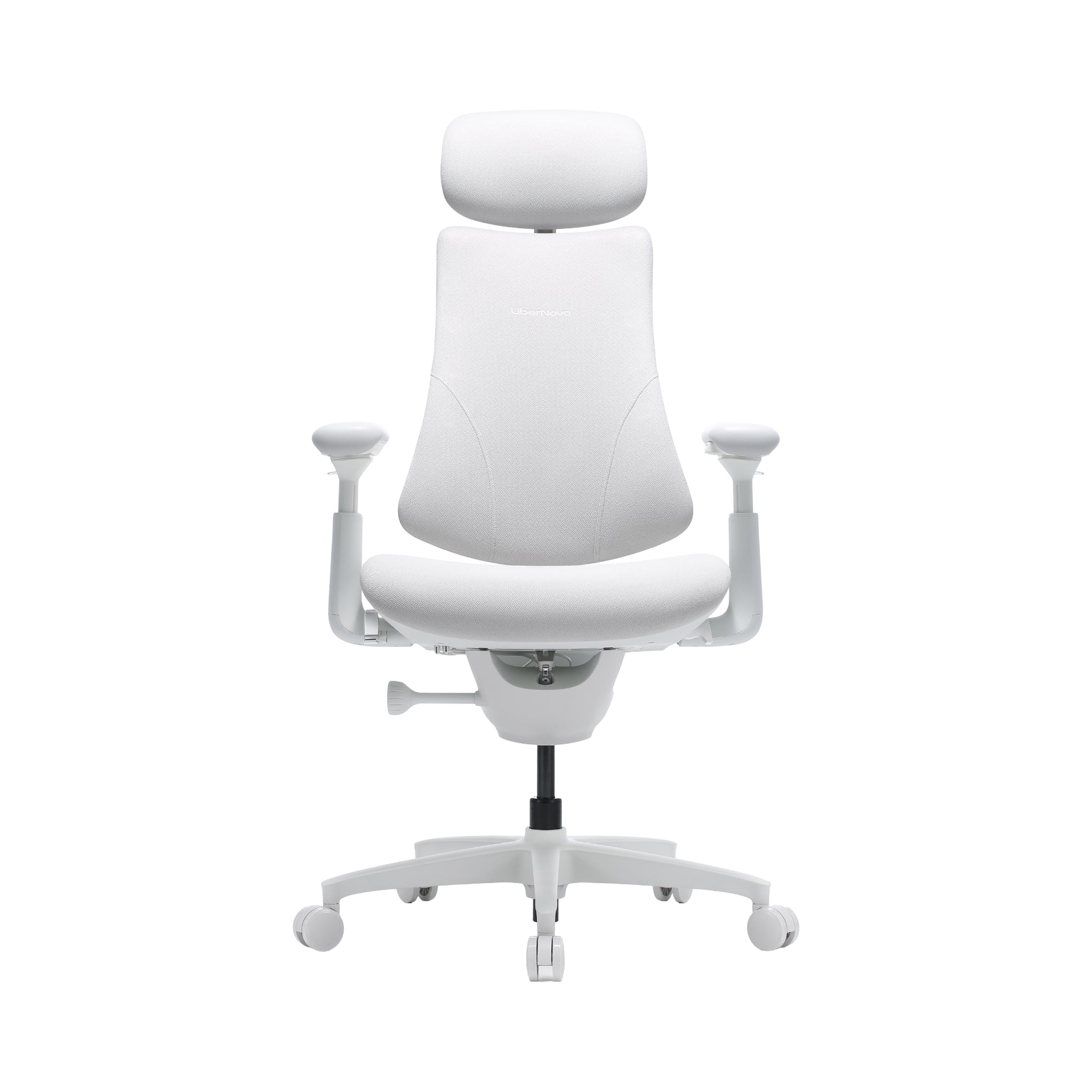 A white ergonomic office chair with a headrest, adjustable armrests, and a five-wheel base, shown against a plain white background.