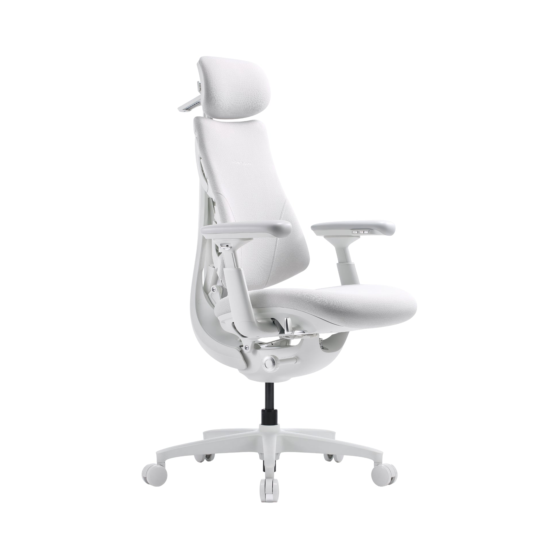 A white ergonomic office chair with a headrest, adjustable armrests, and a five-wheel base, shown against a plain white background.