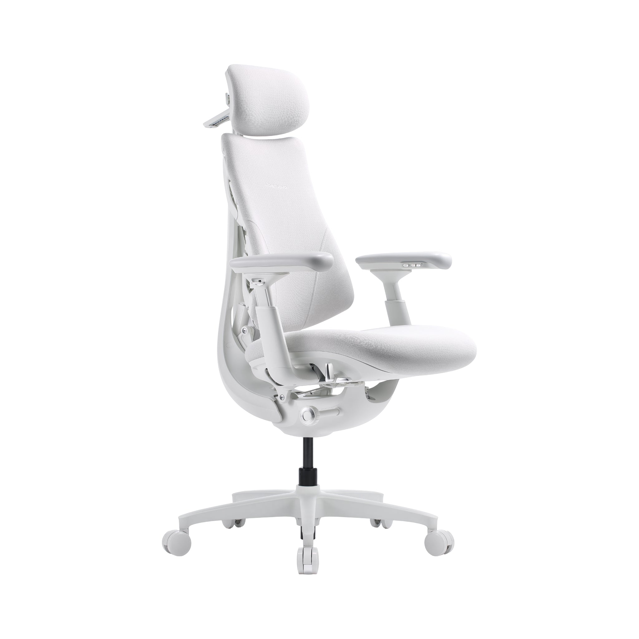 A white ergonomic office chair with a headrest, adjustable armrests, and a five-wheel base, shown against a plain white background.