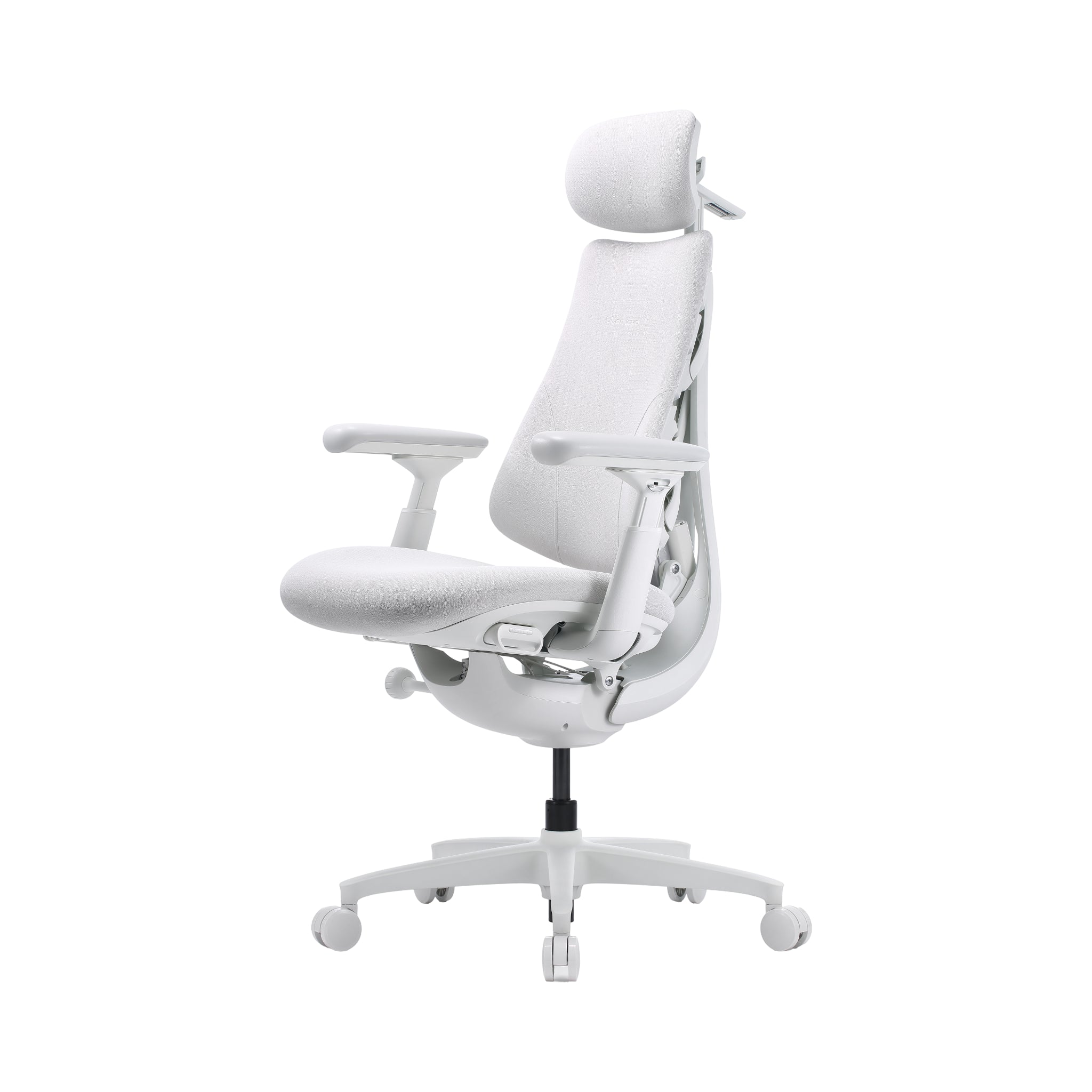 A white ergonomic office chair with a high back, adjustable armrests, a headrest, and a five-wheel base, shown against a plain white background.