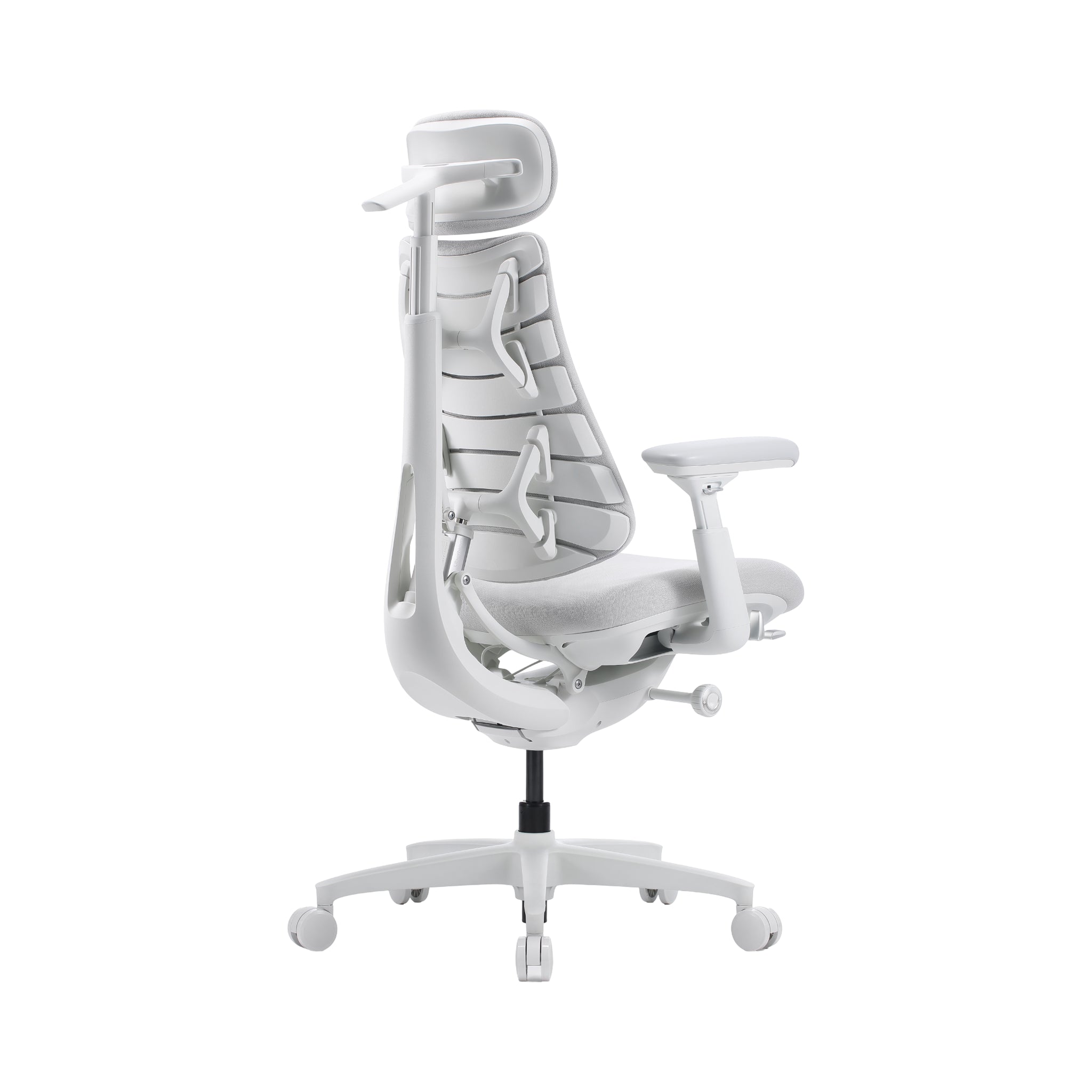 A white ergonomic office chair with a high segmented backrest, adjustable armrests, and a five-wheel base, shown against a plain white background.