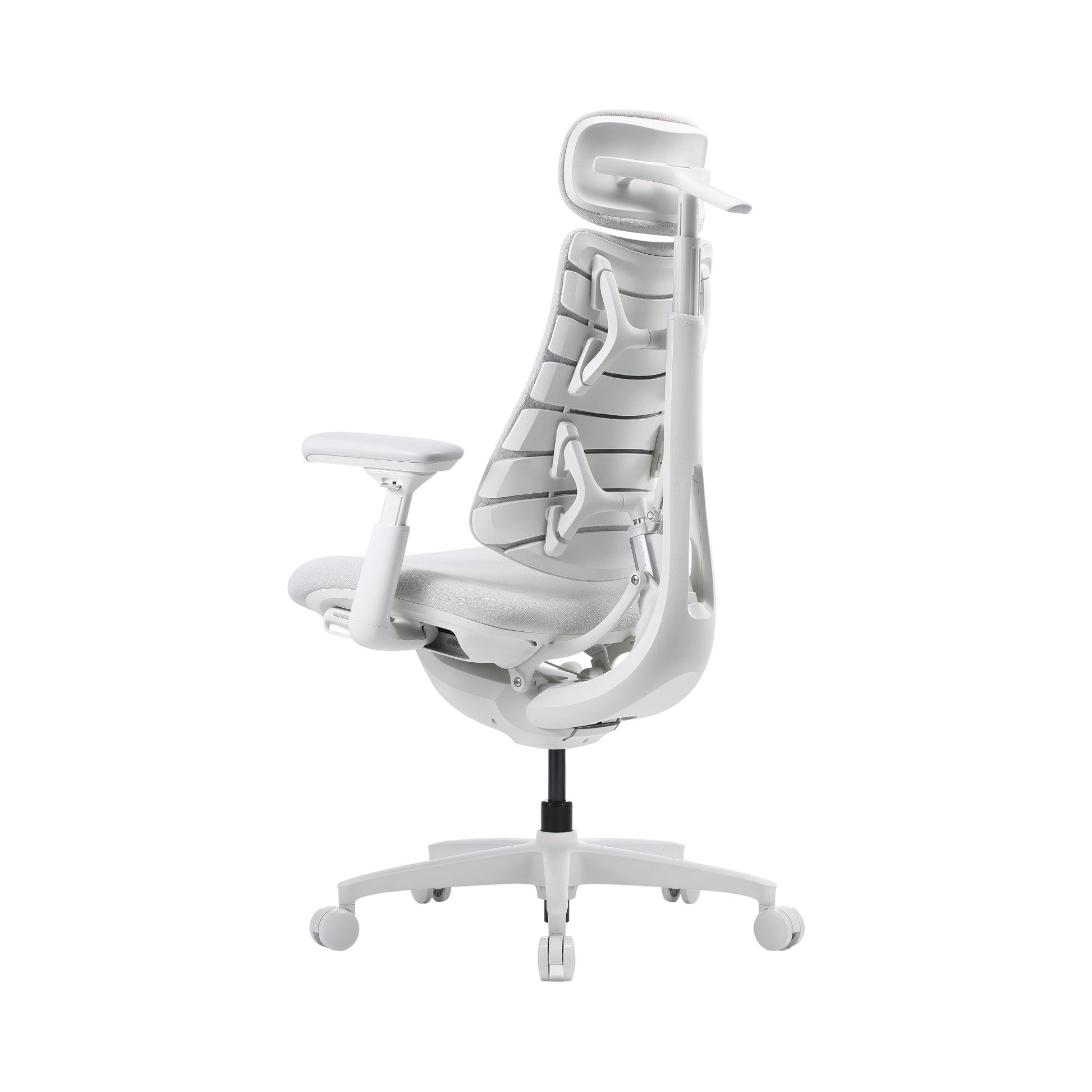 A white ergonomic office chair with a segmented back, adjustable armrests, a headrest support, and a five-wheel base, shown against a plain white background.