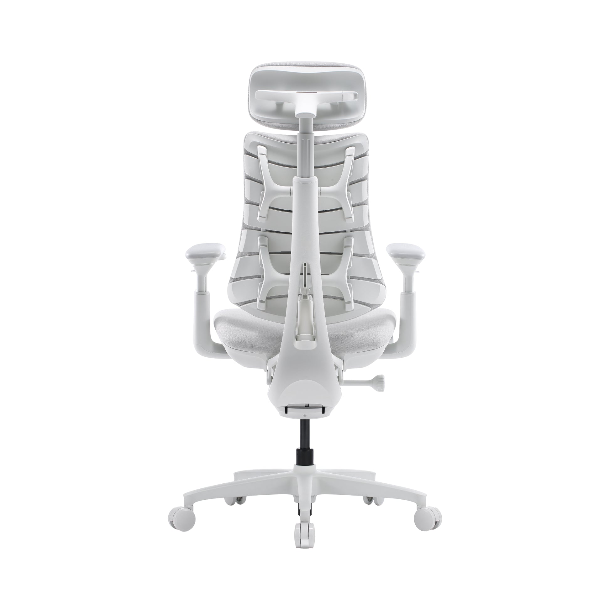 A white ergonomic office chair with a mesh back, adjustable armrests, and a five-wheel base, shown from the front on a solid white background.