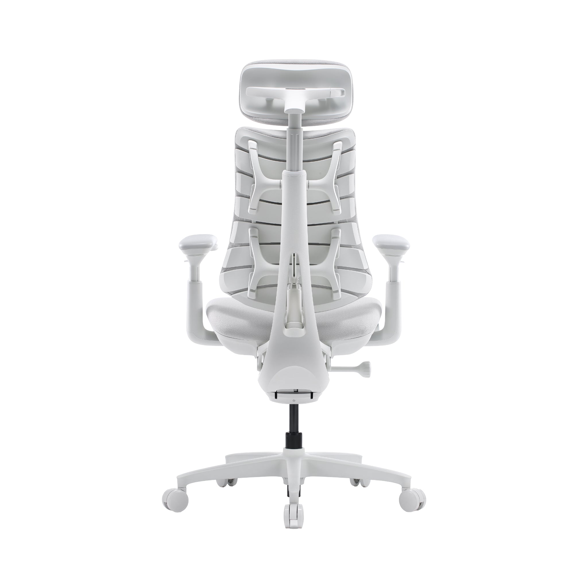 A white ergonomic office chair with a mesh back, adjustable armrests, and a five-wheel base, shown from the front on a solid white background.