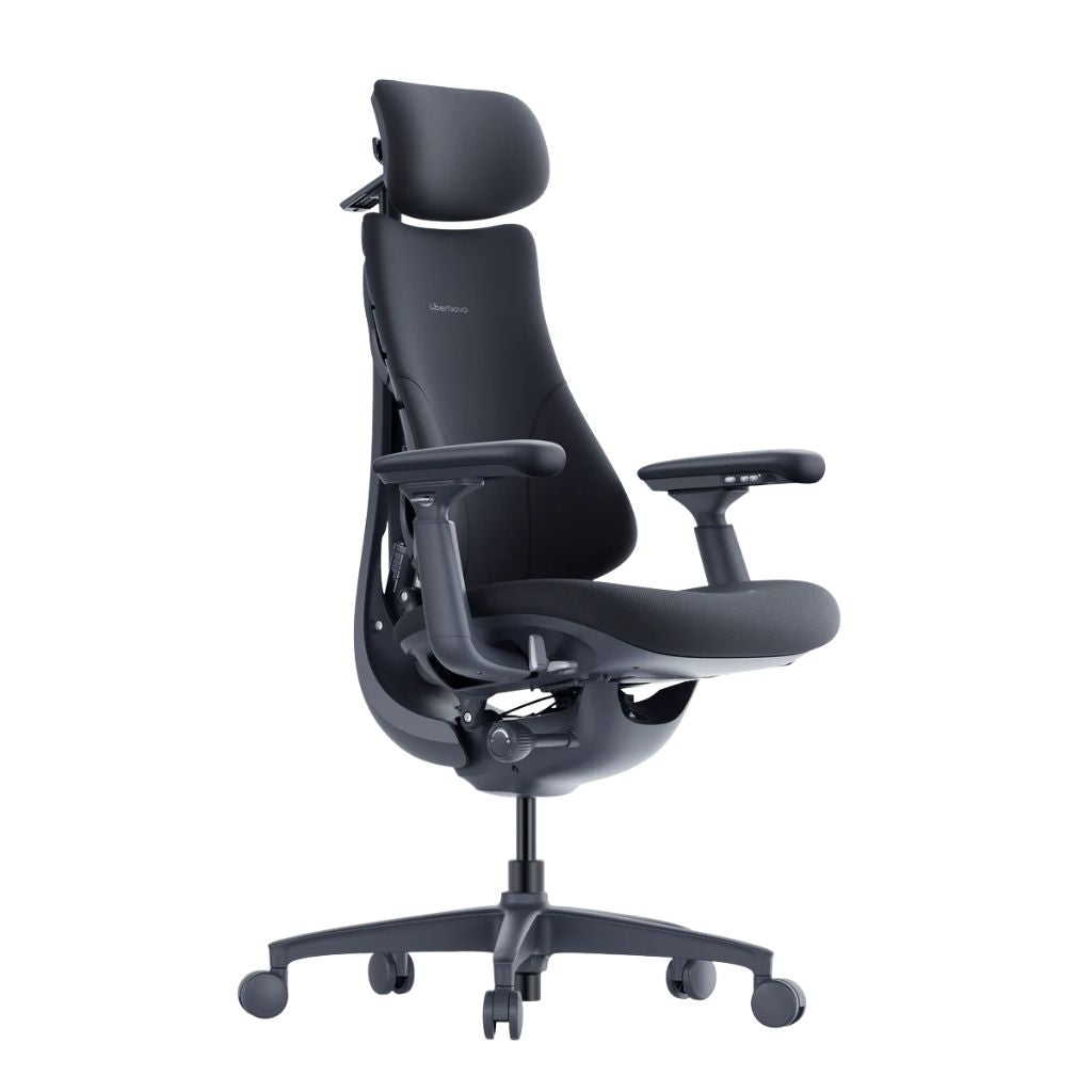 Ergonomic office chair with adjustable features on a white background