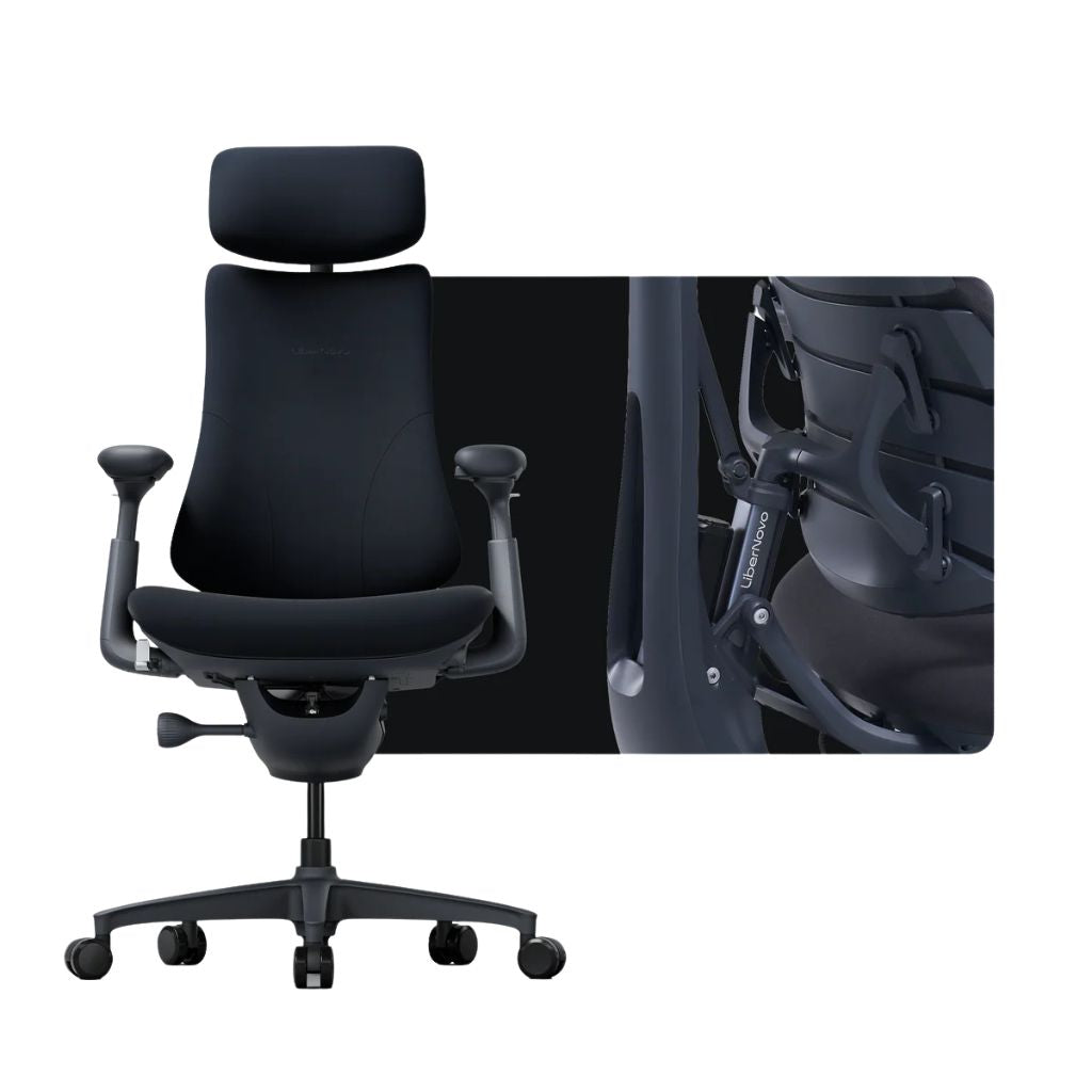 Black office chair with headrest on a white background