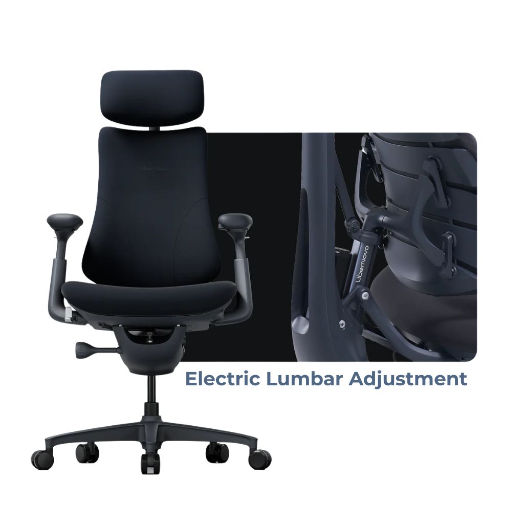 Black office chair with electric lumbar adjustment feature on a white background