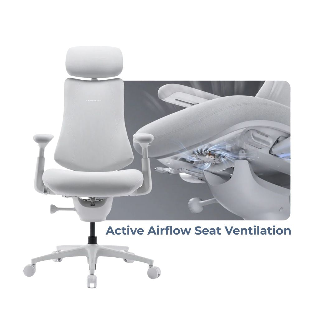 White office chair with active airflow seat ventilation feature on a white background