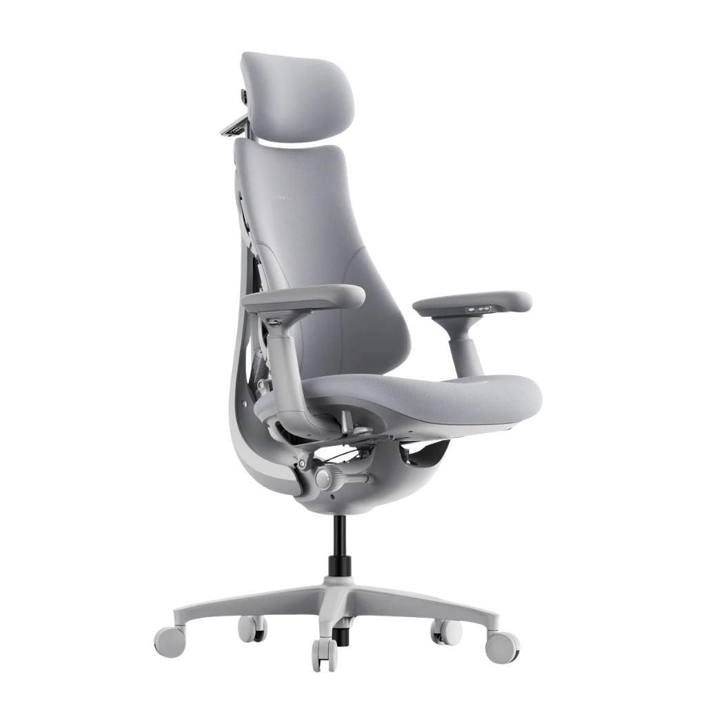 Gray office chair with adjustable features on a white background